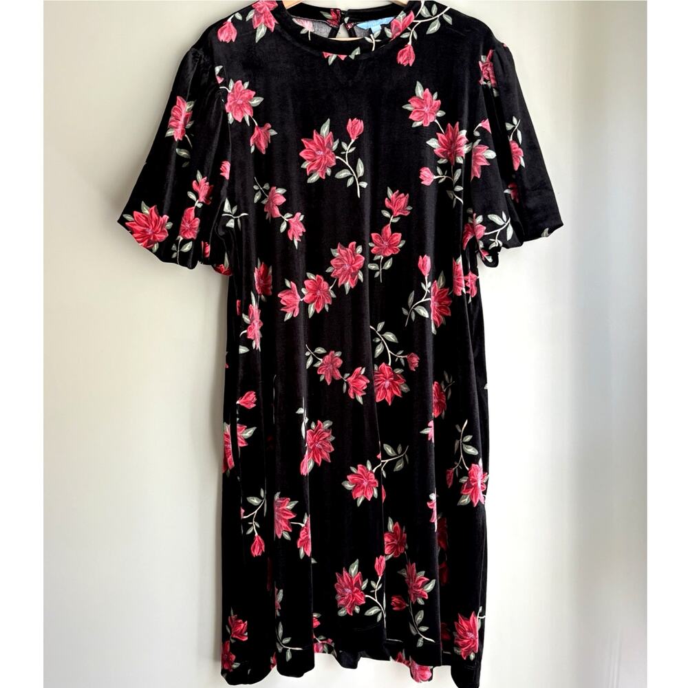Draper‎ James Velvet Floral Midi Dress Puff Sleeve Black Red Gold Keyhole XXL